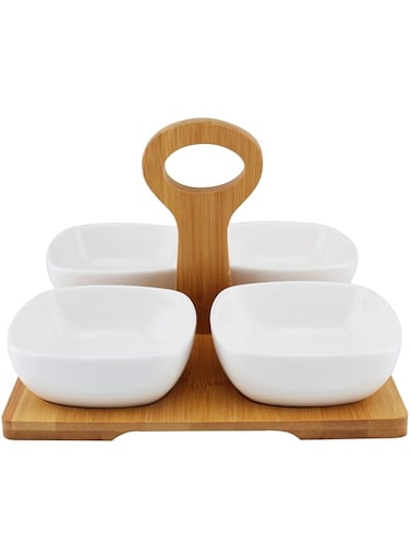 Shallow Porcelain Bowls With Bamboo Tray And Handle, White/Brown, Jmd905, 4 Pieces