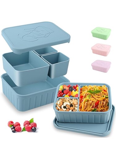Reusable Silicone Kids Bento Box Lunch, Bento Lunch Box for Kids, Container Leakproof Lunchbox Meal Prep Food Storage Containers with 3 Removable Compartments, Dishwasher Safe/BPA Free/Portion Control