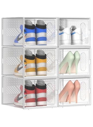 Fohome Shoe Storage Boxes, 6 Pack Clear Shoe Organizers with Magnetic Door, Plastic Stackable Shoe Box Containers for Closet, Shoe Cabinet with Lids for Men, Women (White)