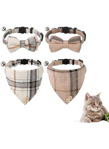 4 Pieces Bow Tie Cat Collar Bandana, Breakaway Pet Collar Bandana with Classic Plaid Cat Collar with Scarf and Bowtie, Accessories for Pet Collars, Adjustable for Cats and Small Dogs (White+Khaki)