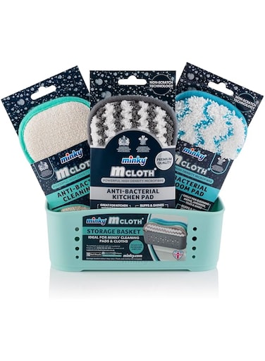 Minky M Cloth Storage Basket Set with 3 Pads Green (Anti-Bacterial Cleaning, Anti Bacterial Kitchen Pad &amp; Anti-Bacterial Bathroom Pad)