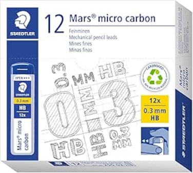 STAEDTLER   Mars Micro Carbon Mechanical Pencil Refills   Tube of 12   0.3mm HB Point Graphite Leads   250 03-HB