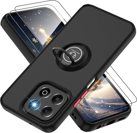 Case for Honor X5B Case Cover With 2Pack Screen Protector Metal Ring Holder Grip Kickstand Car Magnetic Mount Shockproof Matte Hard Back Bumper Case for Honor X5B Black