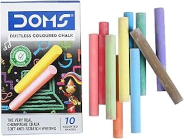 Doms Dustless Coloured Chalk Box Pack   Extra Bright, Smooth &amp; Long Lasting   Soft &amp; Anti-Scratch Writing   Non-Toxic &amp; Safe To Use   Set of 10 Different Color Chalk   Pack of 1
