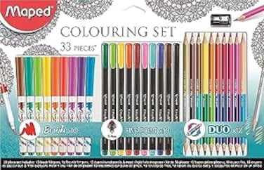 Maped 33 Piece Colouring Set (Includes Brush Felt Tips, Fineliner Pens, Coloured Pencils And Metal Sharpener)