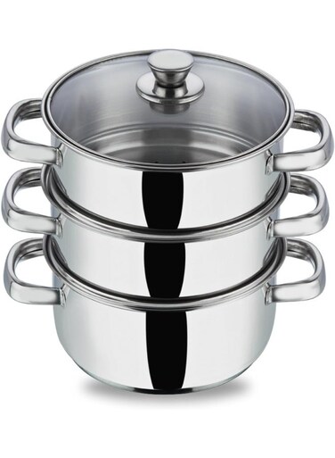 Stainless Steel 3-Tier Steamer with Glass Lid, 18 cm   2.5mm Thick Base   Multi-Purpose Steaming   Induction &amp; Gas Stove Compatible   Silver