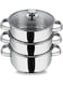 Stainless Steel 3-Tier Steamer with Glass Lid, 18 cm   2.5mm Thick Base   Multi-Purpose Steaming   Induction &amp; Gas Stove Compatible   Silver