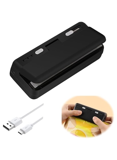 Excefore Mini Bag Sealer, USB Charger Potato Chip Bags Heat Sealer Capper, Reseals Snack Plastic Bag Heat Seal and Cutter, Sealing Machine Vacuum Impulse For Mylar Cereal Bags, Keep Food Fresh (Black)