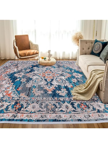 Machine Washable Rug 60 * 90CM Vintage Design Washable Area Rugs with Non Slip Rugs for Living Room Bedroom Traditional Woven Rug Carpet Stain Resistant,Home Decor Office Boho Rug,Blue (A, 60 * 90cm)
