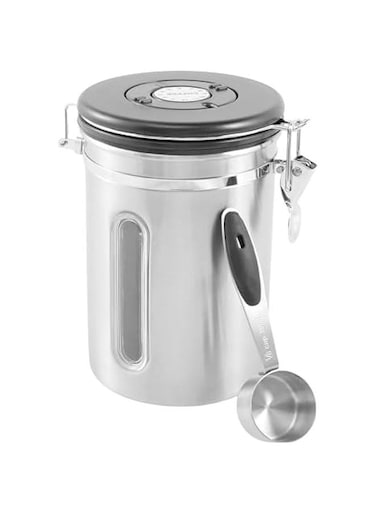 Durku 1800ML Airtight Coffee Canister with Date Tracker Transparent Window, 22OZ Coffe Beans Storage with 30ML Measure Spoon, Kitchen Food Storage Container for Grounds Coffee,Beans&amp;Tea (Silver)