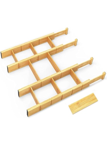 Angju Bamboo Drawer Dividers with Inserts, Kitchen Adjustable Drawer Organizers, Expandable Organization for Home, Office, Dressers and Bathroom, 4 Divider with 9 Insert