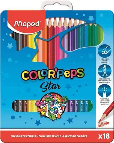 Maped Color' Burst 832015.Set Of 18.Colour Pencils Metal Box, Multicolor, Pack of 18