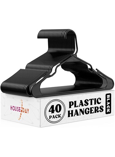 HOUSE DAY Black Plastic Hangers 50 Pack, Plastic Clothes Hangers Space Saving, Sturdy Clothing Notched Hangers, Heavy Duty Coat Hangers for Closet, Laundry Hangers for Adult Coat, Suit, Shirt, Dress