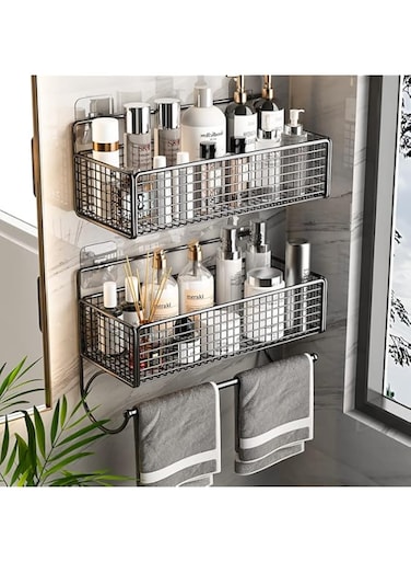 ANTOLE Adhesive Shower Caddy, Shower Shelf, 2 Pack Bathroom Shower Organizer, Adhesive Shower Shelves with Towel Holder, No Drilling Rustproof Stainless Steel Bathroom Caddy for Shower Storage