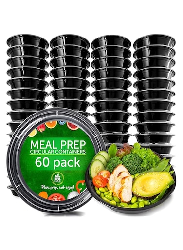 Prep Naturals Reusable Plastic Containers with Lids, 60 Pack, Black, Meal Bowls, Lunch Containers, BPA, PVC and Phthalate Free, Microwave and Freezer Safe