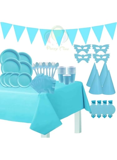 PARTY TIME 56PCS. Light Blue Tableware's and Decorations Set - Serves 6