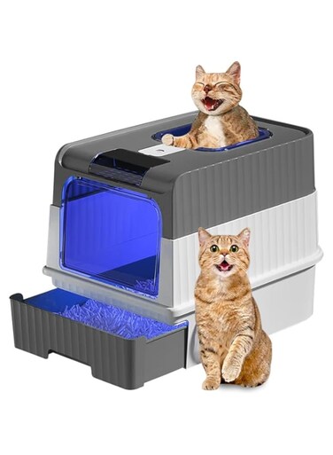 OMIRA Cat Litter Box, Cat Litter Box with UV Sterilization and Deodorization Function, Spacious and Easy to Clean Cat Box for and 1 Cat Litter Scoop, Anti-Splashing Foldable with Easy To Clean(grey)