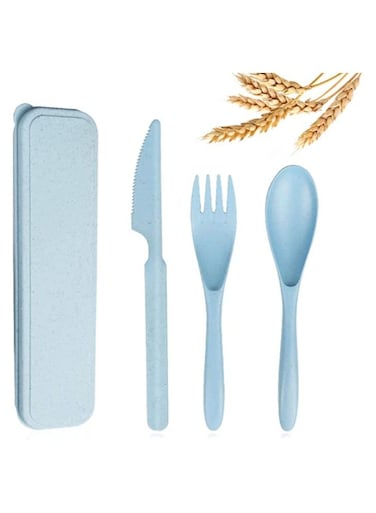Reusable Wheat Straw Cutlery Spoon Knife Fork Tableware set Travel Utensils Set with Case Eco Friendly BPA Free Cutlery for Kids and Adults as Travel Picnic Camping Utensils ( Blue )