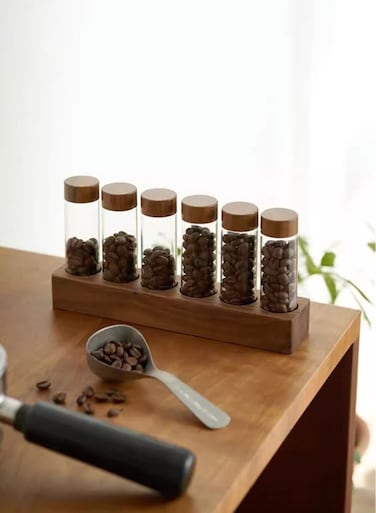 Coffee Bean Storage Jars Set Airtight Glass Spice Containers with Wooden Stand 6pcs 17g Kitchen Organizer for Coffee Tea Herbs