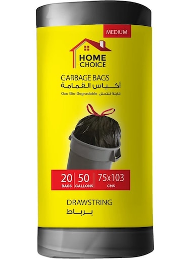 CHOICE 50 Gallons, Pack of 20-Piece, Size 75x103 cm, Drawstring Trash Bags, Drawstring Garbage Bags Rolls, Bio-Degradable, Bin Liners with Ribbon Neck Tie