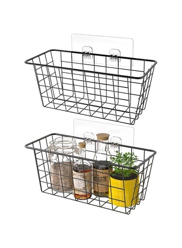 MaraFansie Hanging Kitchen Baskets Wire Storage Basket Over the Cabinet Door Organizer, No Drilling Adhesive Basket for Cabinet Pantry Organization and Kitchen, Bathroom, Storage, 2 Pack, Black