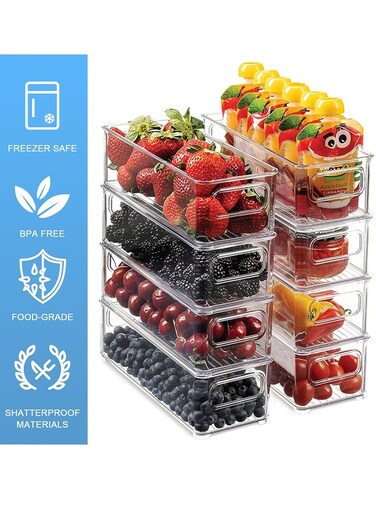 Fridge Organiser Set, 8pcs Stackable Storage Organizer, Clear Cupboards Organisers Bins with Handles for Kitchen, Freezer, Pantry - BPA Free Containers
