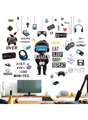 Amimagen Gamer Wall Stickers - Controller Eat Sleep Games Joystick Video Gaming Wall Decals - Boys Bedroom Playroom Baby Kids Room Wall Decor