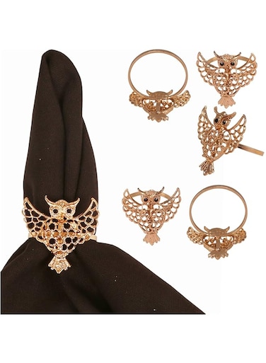 Indtresor Gorgeous Finely Handcrafted Mesh Work Owl Motif Crystals Rhinestones Large Size Gold Color Party Dining Table Napkin Holders (Set Of 6)