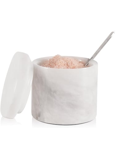 White Marble 3" Handmade Salt Cellar with Lid &amp; Spoon &ndash; Ideal for Spices, Sugar &amp; Kitchen Storage.