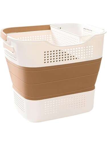 Beauenty Folding Laundry Basket, Large Capacity &amp; Space Saving Clothes Washing Basket with Small Hanging Basket, Portable Storage Basket (Brown)