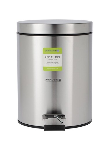 Royalford 20 Litre Stainless Steel Pedal Bins RF12092 Round Hands Free Kitchen Garbage Trash Bins Soft-Close Lid