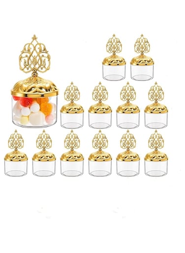 Mini Plastic Candy Cupcake Containers, 12 Pcs Clear Favor Boxes with Gold Dome Lids, Round Cake Stand Dessert Display Plate for Birthday Wedding Holiday Party Supplies