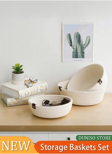 Set of 3 Rope Woven Storage Baskets Set For Organizing, Thick Cotton Rope Hand Woven Storage Basket, Durable Nursery Baskets Organizer Bins For Baby Toys (Off White)