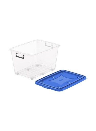 82L Clear Plastic Storage Box With Wheels &amp; Lockable Lid (Blue)