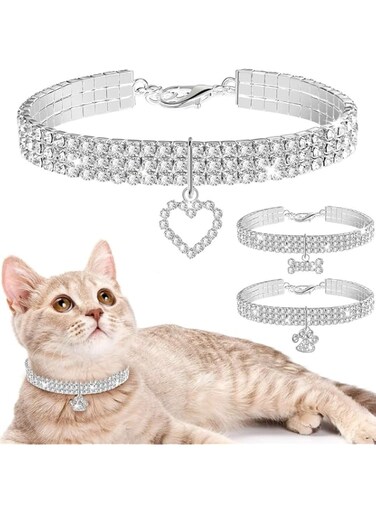 3 Pieces Bling Rhinestones Pet Collars Glitter Pendant Dog Collars Adjustable Crystal Cat Collar Elastic Pet Necklace for Small Pet Cat Dogs Puppy (White, S)