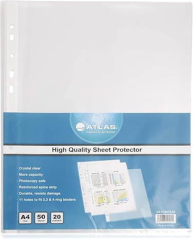 Atlas A4 Pocket Sheet Protector Set 20 Pieces, 210 x 297 mm Size White clear