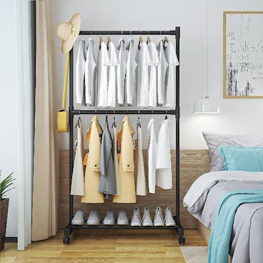 Double Rod Clothing Garment Rack, Rolling Clothes Organizer on Wheels for Hanging Clothes, Black