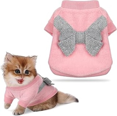 SYOSI Pet Bow Knitwear Sweater, Cat Warm Jumper Sweater (M), Small Puppy Coat Dog Sweater, for Cat and Puppy Dog (Pink and Gray)