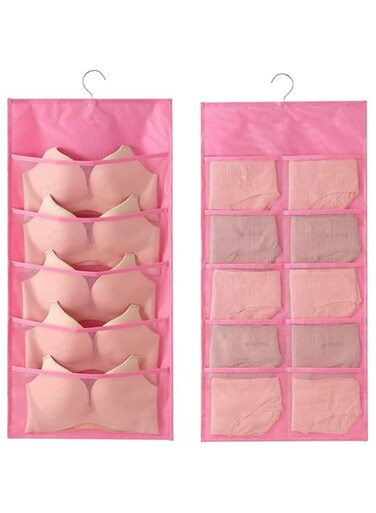 U-HOOME 2Pcs Bra Hanging Bag Underwear Storage Bag, Hanging Closet Organizer Dual-Sided Storage Bags for Underwear, Bra and Sock with Mesh Pocket (Pink)