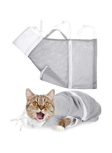 Shappy Cat Shower Net Bag Cat Grooming Bathing Bag Adjustable Cat Washing Bag Multifunctional Cat Restraint Bag Prevent Biting Scratching for Bathing, Nail Trimming, Ears Clean, Keeping Calm (Grey)