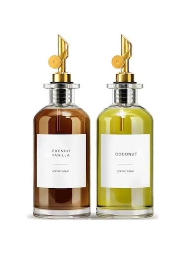 2-Pack 350ml Kitchen Oil Dispenser Bottle, Coffee Syrup Dispenser, Gargle Container, Oil and Vinegar Dispenser Set with Pour Spout Funnel and Label