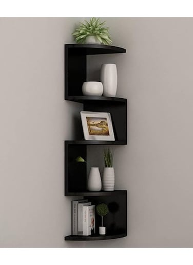 Corner Shelf 5-Tier Floating Wall Shelf with Zigzag Design, Bookshelf Floating Corner Shelf (Black)