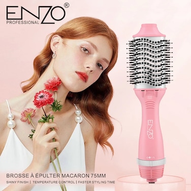 ENZO EN-6210 75mm Volumizing Blowout Brush – 1500W 3-in-1 Hair Dryer, Straightener, TurboDry Technology, Ionic Anti-Frizz Bristles, 3 Heat Settings & 2 Speeds – Pink – Intl Version