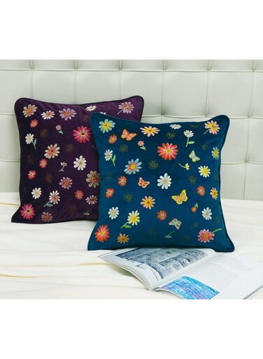 MANTIS Muti-Daisy Embroidery Cushion Cover 45x45cm (18x18) &acirc;&euro;&ldquo; Decorative Throw Pillow Cover, Polyester Velvet, Invisible Zipper, Wrinkle/Fade-Resistant, Washable, Square, (Marine Blue)