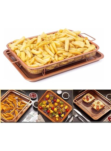 Dovakiss 2 Piece Steel Crisper Tray for Oven, Nonstick Copper Crisper Tray and Basket, Air Fry in your Oven, Great for Baking and Crispy Foods, Extra Large Size