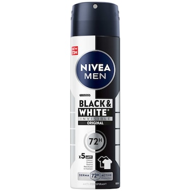 NIVEA MEN Black &amp; White Invisible Antiperspirant Deodorant Spray, Original, 72H Active Protection, 5IN1, 150ml