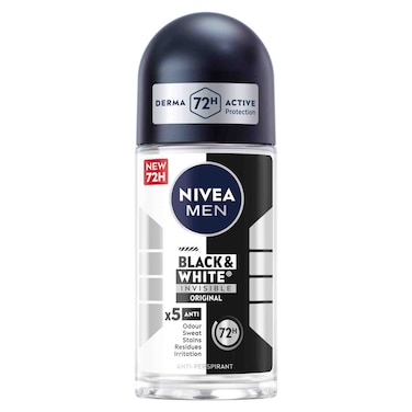 NIVEA MEN Black &amp; White Invisible Antiperspirant Roll-On Deodorant, Original, 72H Active Protection, 50ml