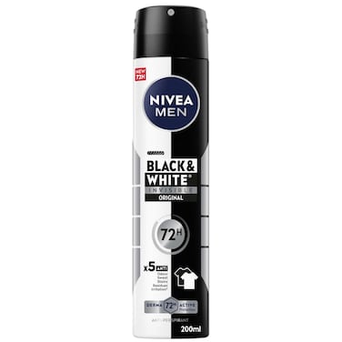 NIVEA MEN Black &amp; White Invisible Antiperspirant Deodorant Spray, Original, 72H Active Protection, 5IN1,  200ml