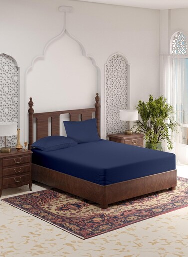 Linen Queen Size Plain Fitted Elastic Bedsheet with 2 Pillow Cases 180 x 200 Cm (Navy Blue)