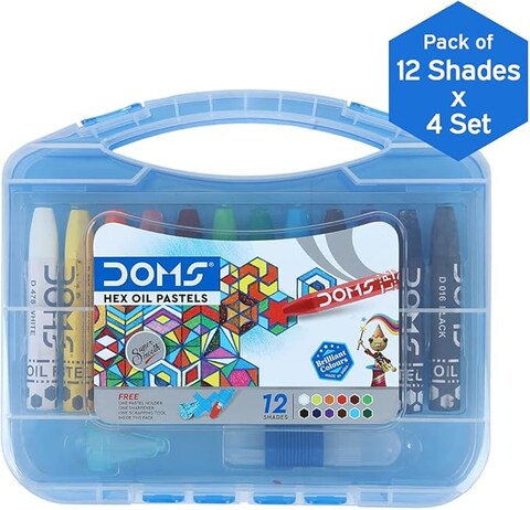 DOMS Non-Toxic Hexagonal Jumbo Oil Pastel Set in Plastic Carry Case (12 Assorted Shades x 4 Set)